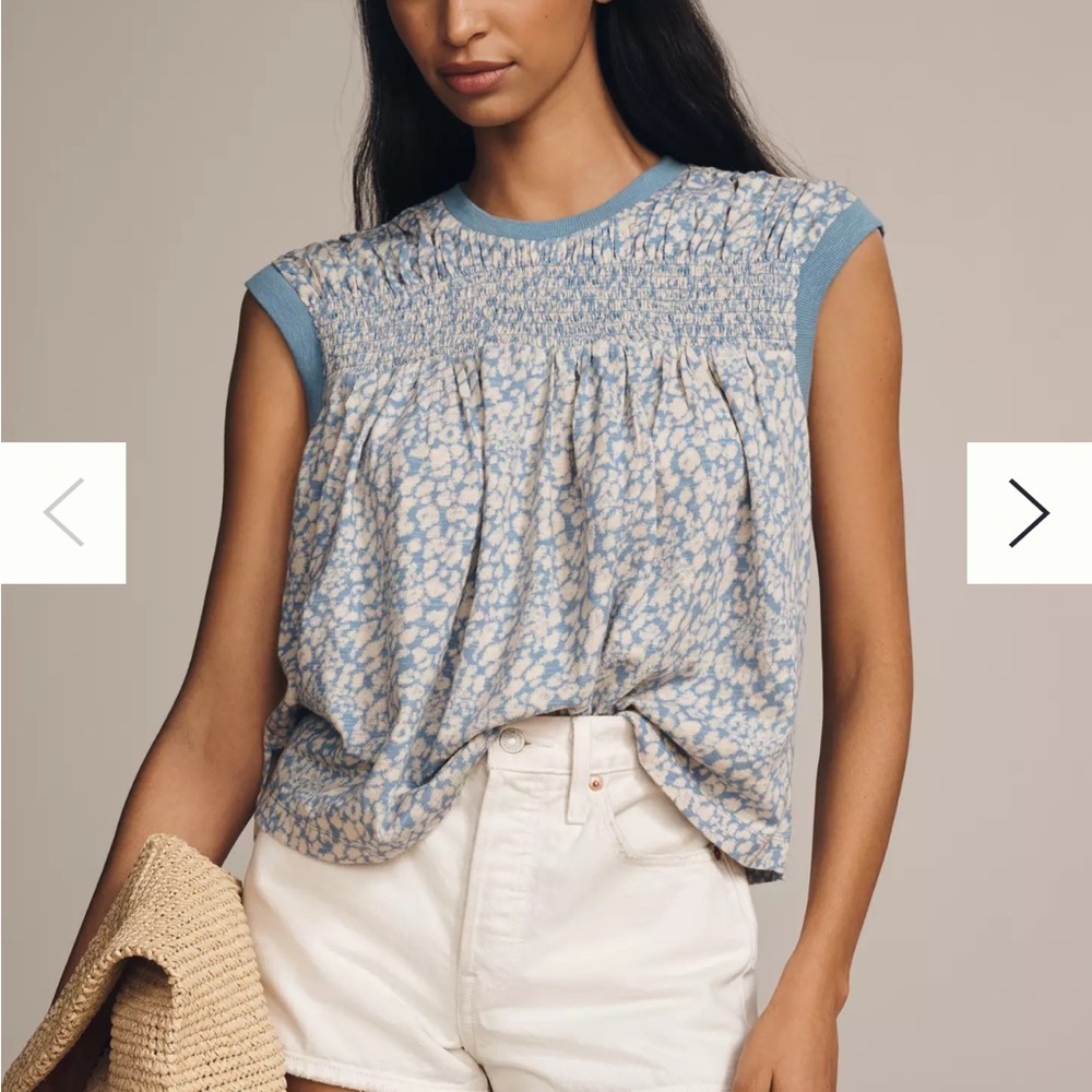 Anthropologie Blue and Cream Patterned Blouse